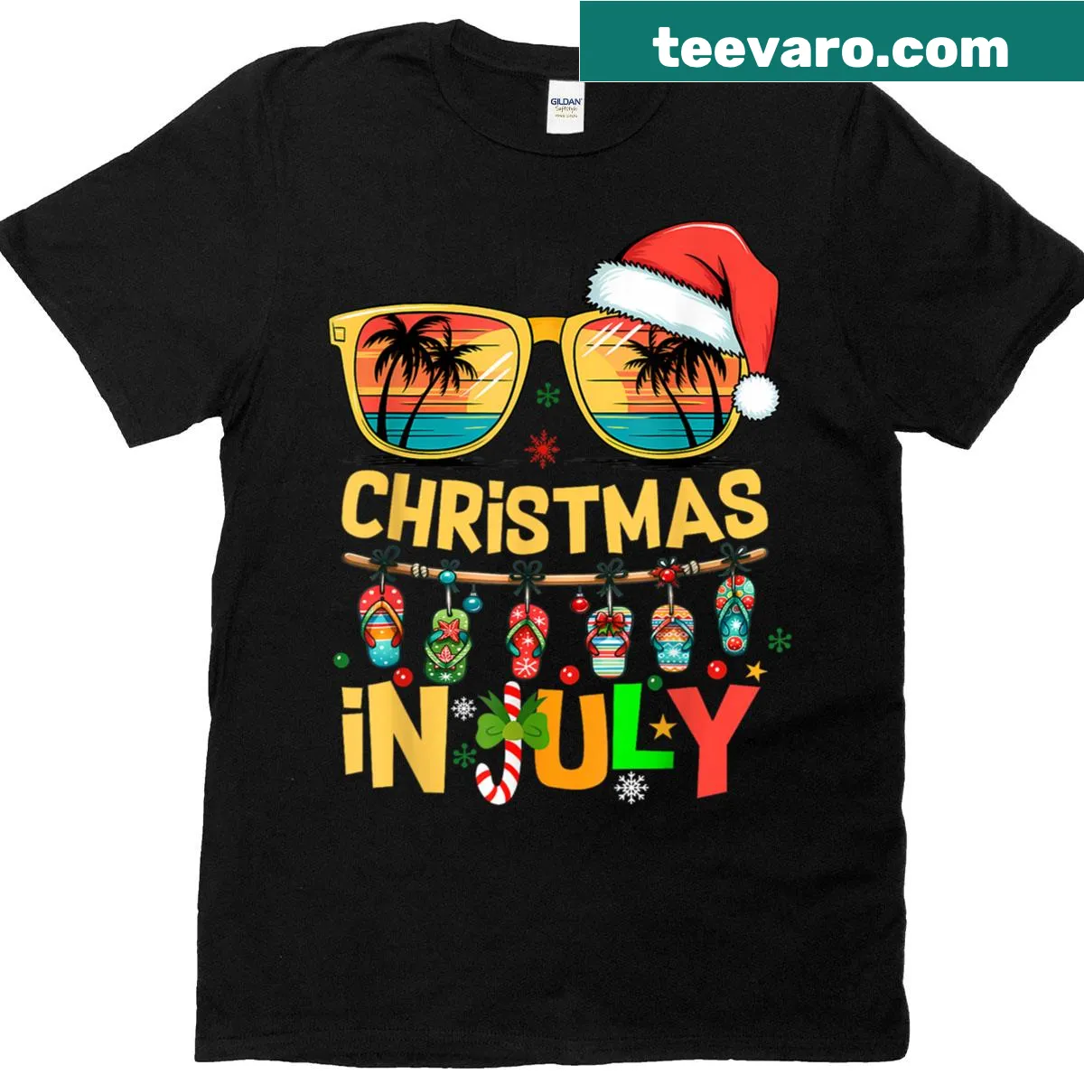Retro Santa in sunglasses on a beach-themed T-shirt — on a men's t-shirt