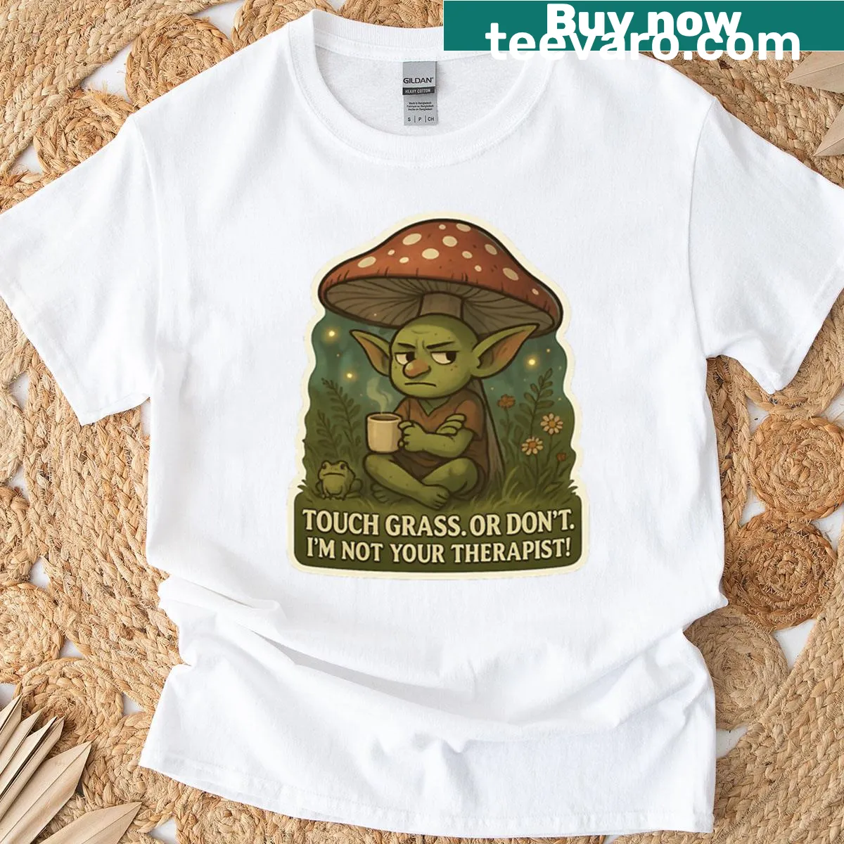 Sassy T-shirt with mushroom goblin and playful phrase — on a men's t-shirt
