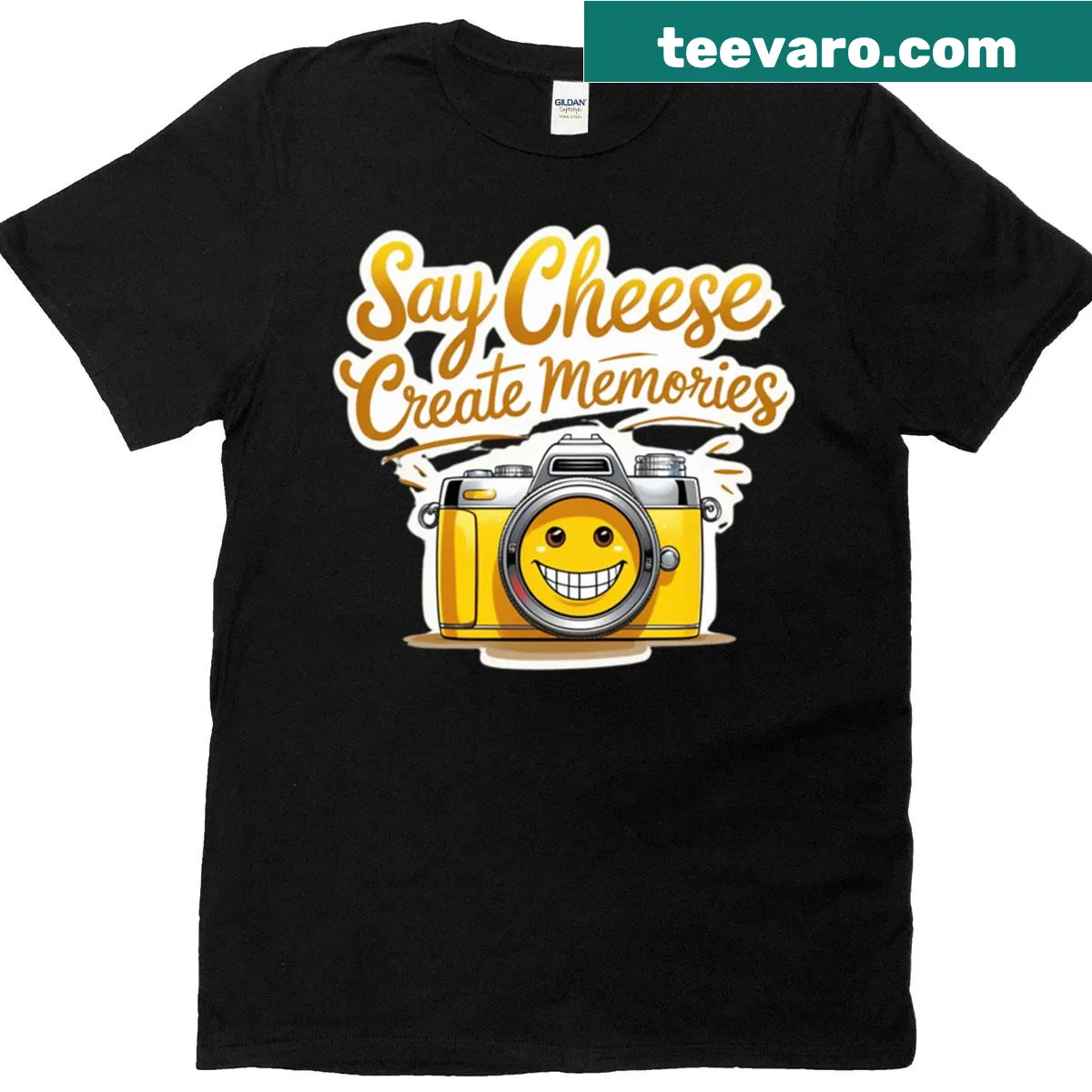 T-shirt with typography saying 'Say Cheese' for creating memories — on a men's t-shirt