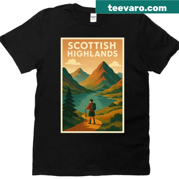 Retro poster style tee showcasing the scenic Scottish Highlands