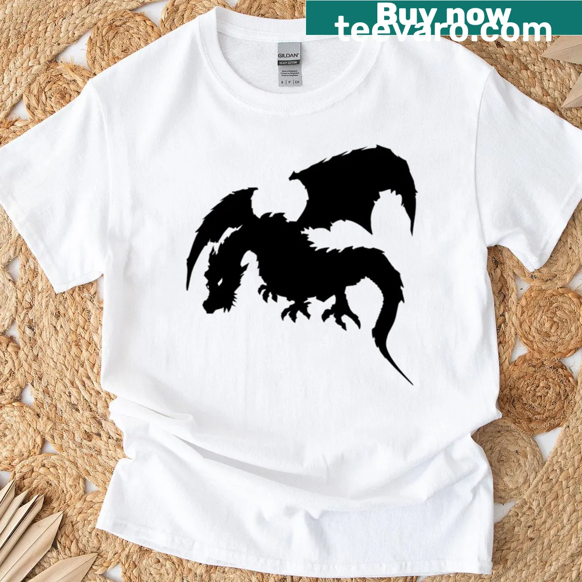 Black and white drawing of a Black Dragon on a t-shirt — on a men's t-shirt
