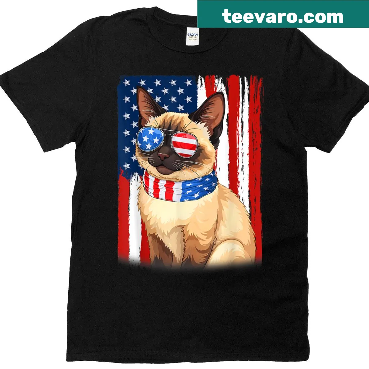 T-shirt featuring a Siamese cat with the American flag design — on a men's t-shirt