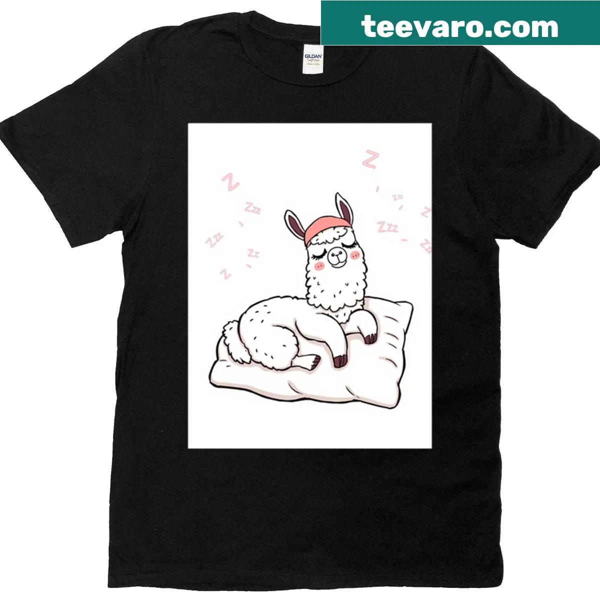 Cute illustration of a sleepy llama on a pillow — on a men's t-shirt