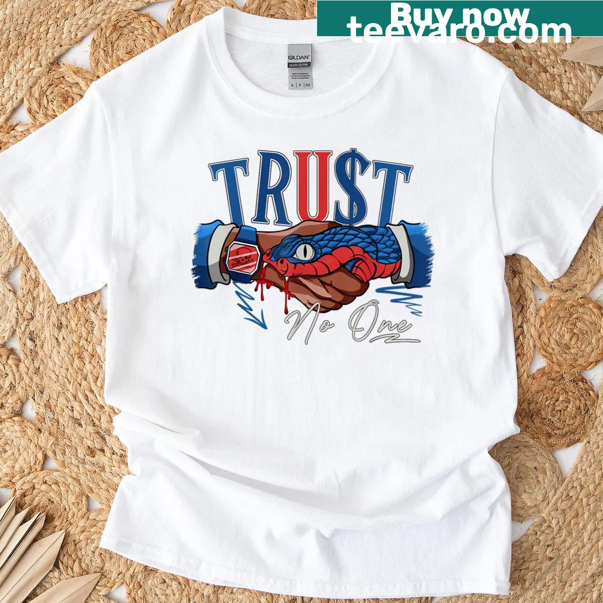Badge-style T-shirt featuring 'Snake Trust None' graphic for sneaker enthusiasts. — on a men's t-shirt
