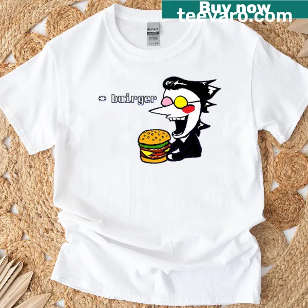 Oversized T-shirt with Spamton humorously eating a burger.