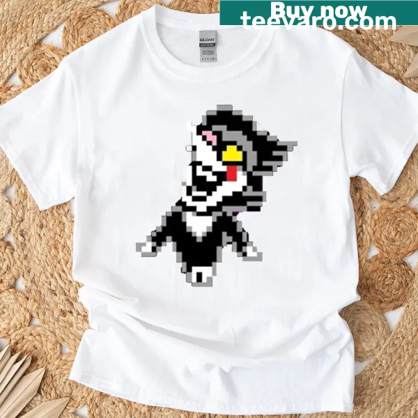 Pixelated Spamton graphic on a T-shirt.