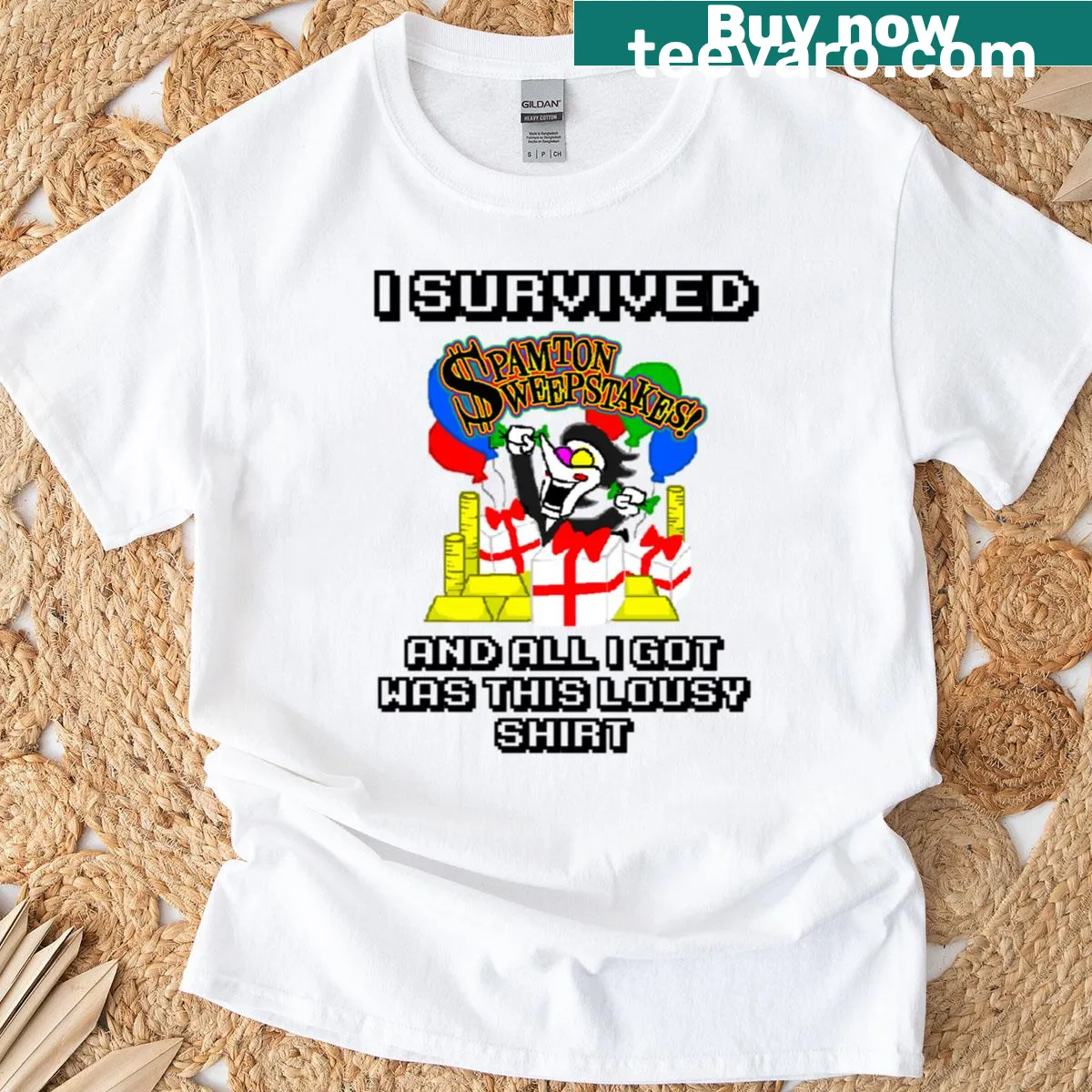 Illustrative t-shirt featuring Spamton in a whimsical design — on a men's t-shirt