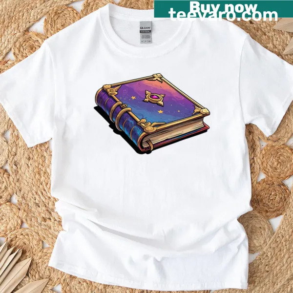 Mystical spell book graphic on a T-shirt.