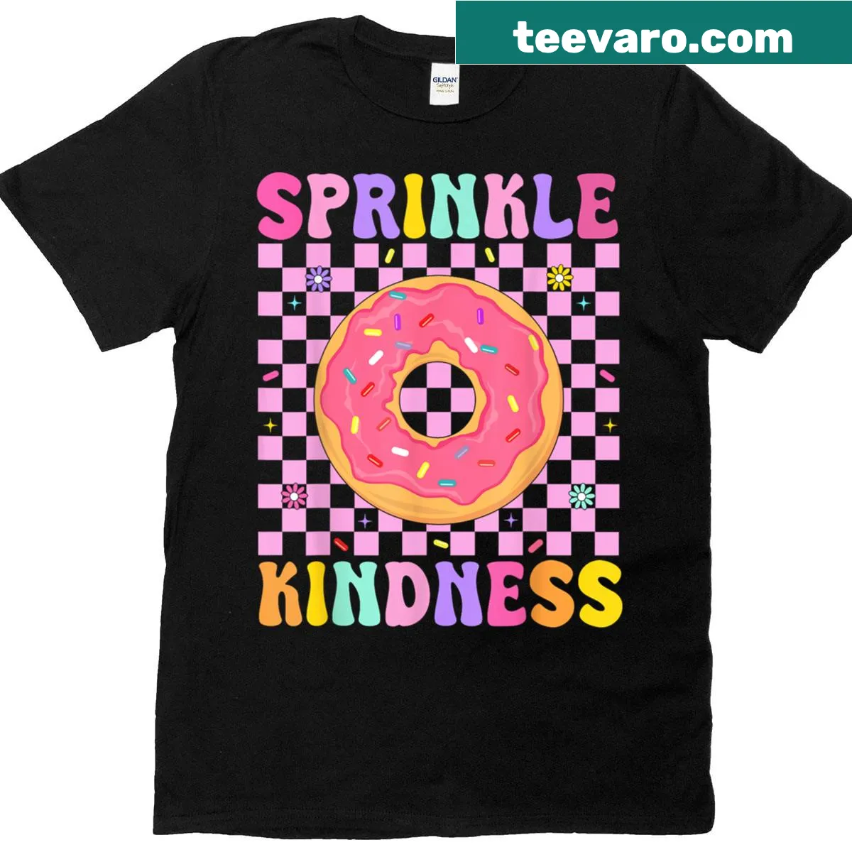 T-shirt with a cartoon donut design and the phrase 'Sprinkle Kindness' — on a men's t-shirt
