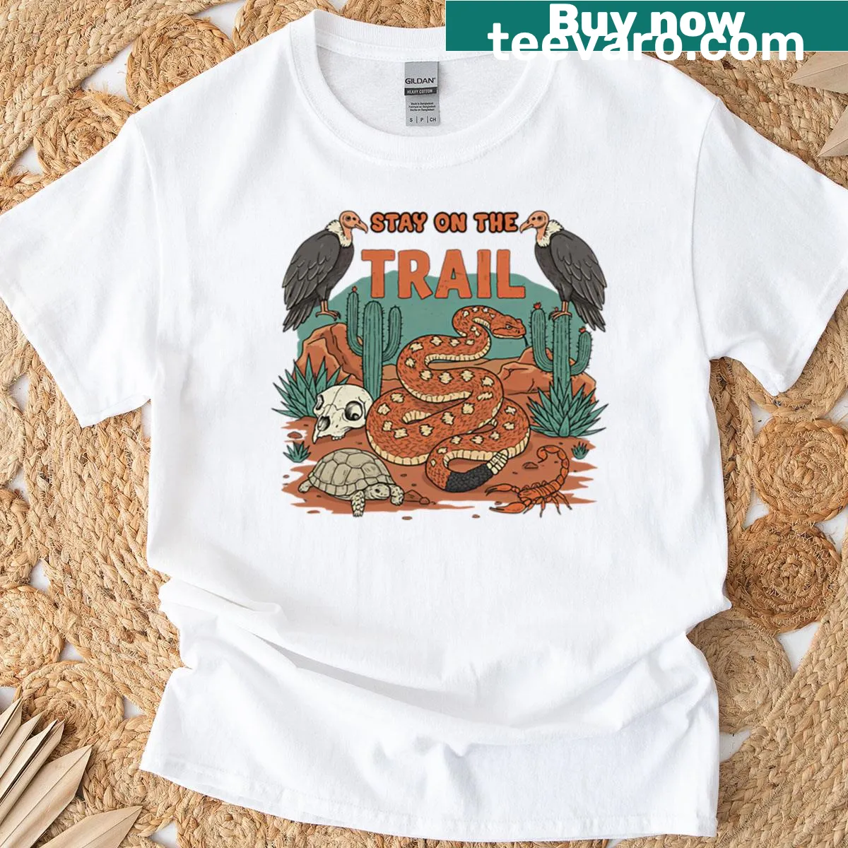 Illustration of a snake with text 'Stay On The Trail' on a T-shirt — on a men's t-shirt