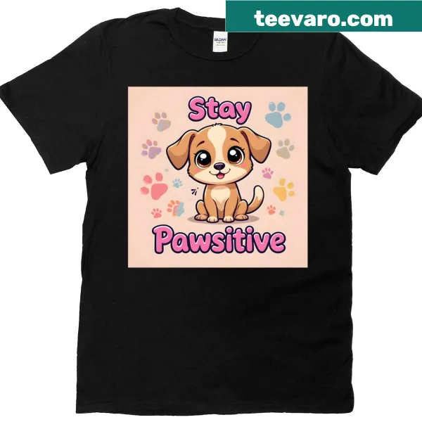 Cartoon puppy graphic with the phrase 'Stay Pawsitive' on a t-shirt