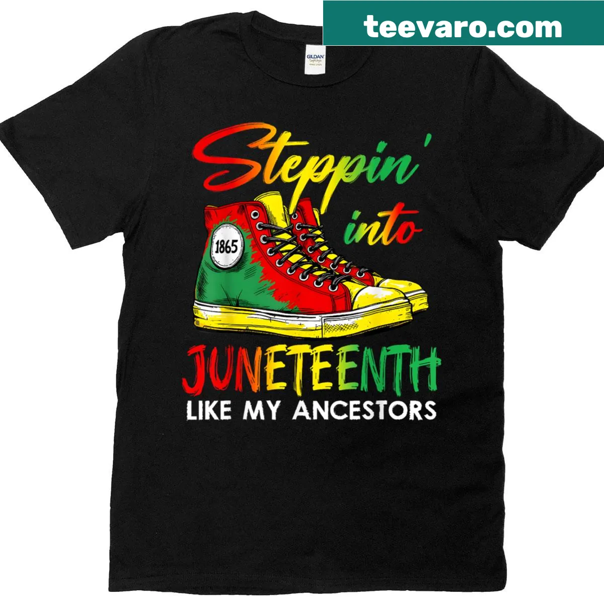 T-shirt with the phrase 'Stepping Into Juneteenth Like My Ancestors' — on a men's t-shirt