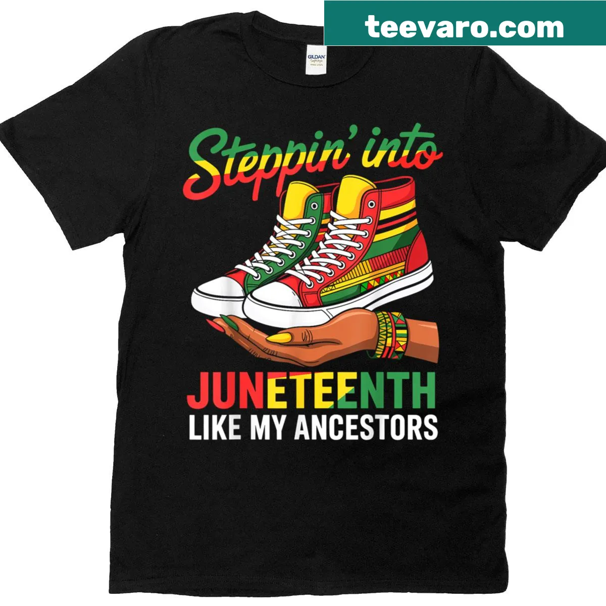 Empowering Juneteenth t-shirt with bold text for Black women and girls — on a men's t-shirt