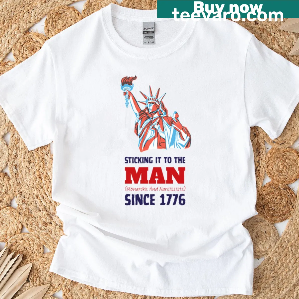 Vintage-style T-shirt with Lady Liberty and the phrase 'Sticking It To The Man Since 1776'. — on a men's t-shirt