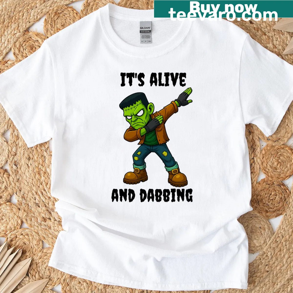 Cartoon Stitched Monster t-shirt with dab pose for Halloween — on a men's t-shirt