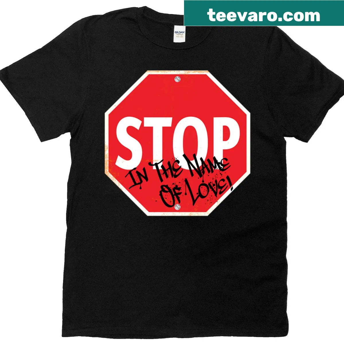 Nostalgic t-shirt featuring the phrase 'Stop In The Name Of Love' in bold lettering — on a men's t-shirt