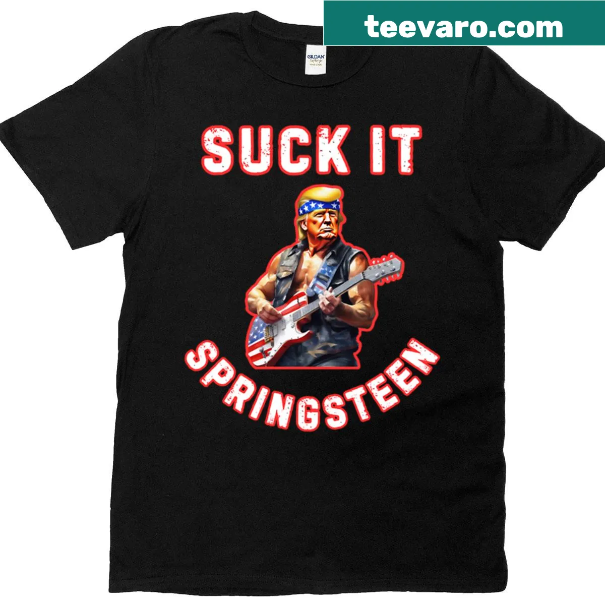 Bold text t-shirt with Suck It Springsteen slogan — on a men's t-shirt