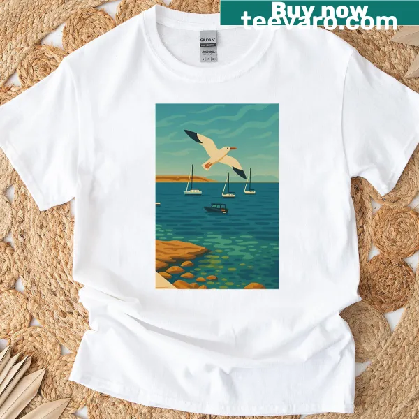 Summer-themed t-shirt with seaside illustration