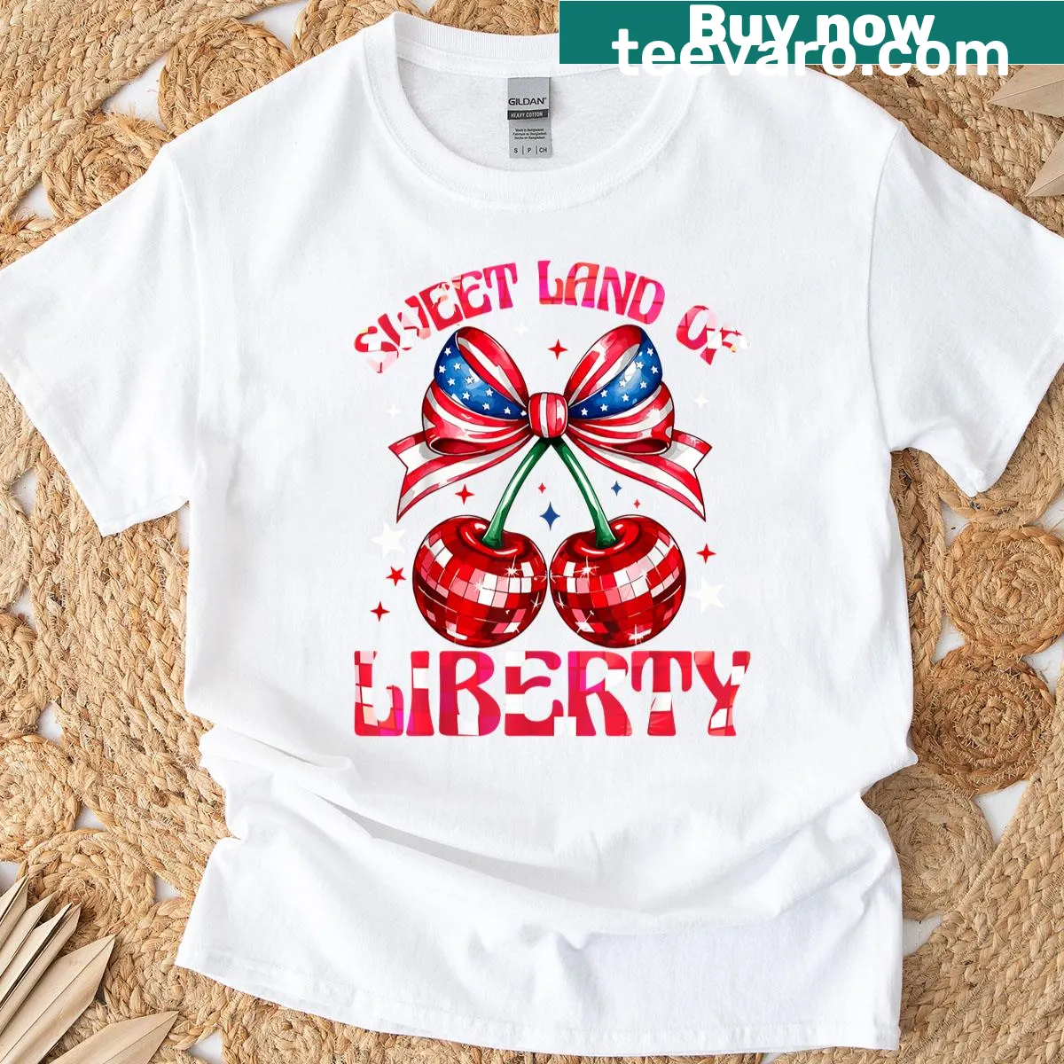 Patriotic T-shirt with cherries and bow for Independence Day — on a men's t-shirt