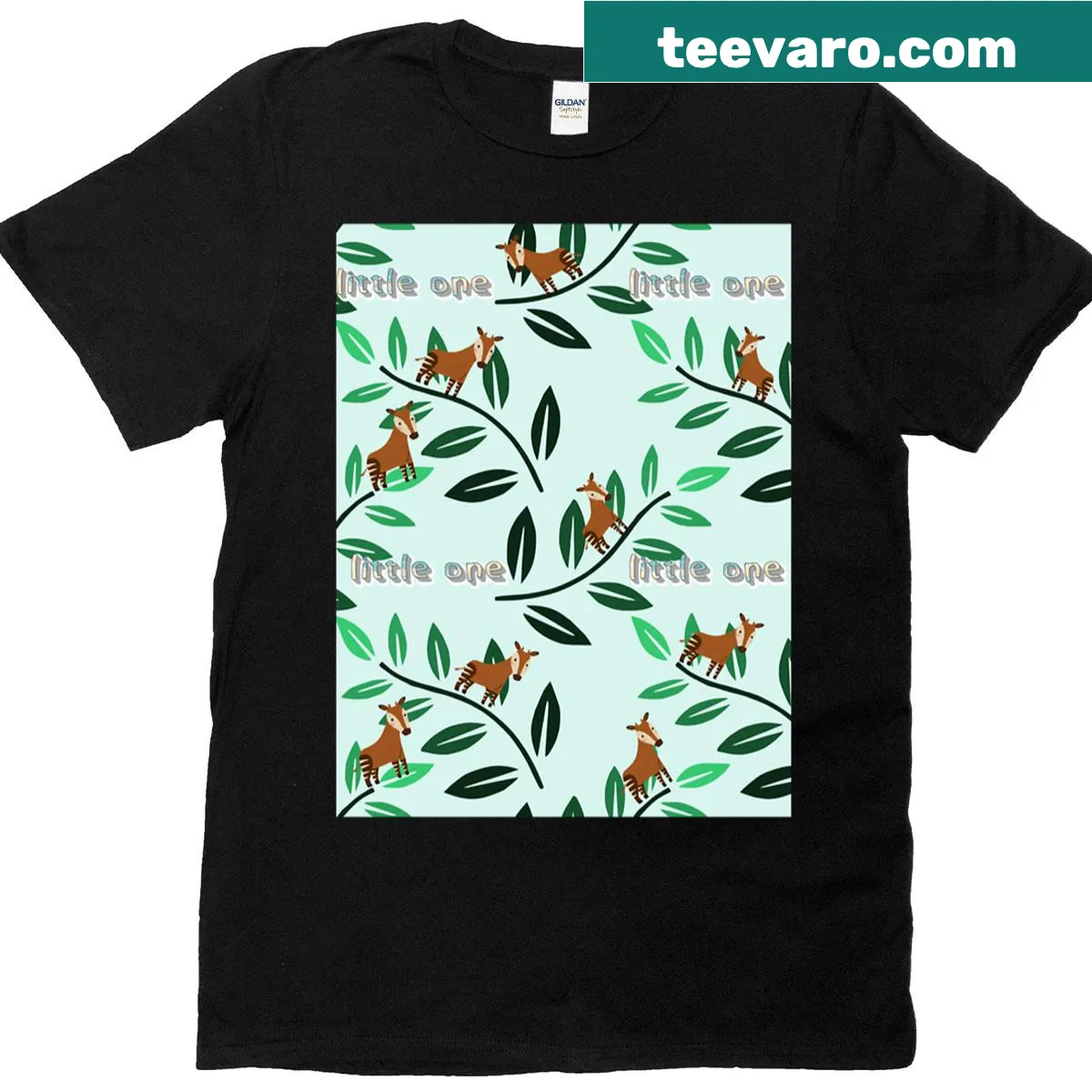 T-shirt with a playful okapi and leaves pattern — on a men's t-shirt