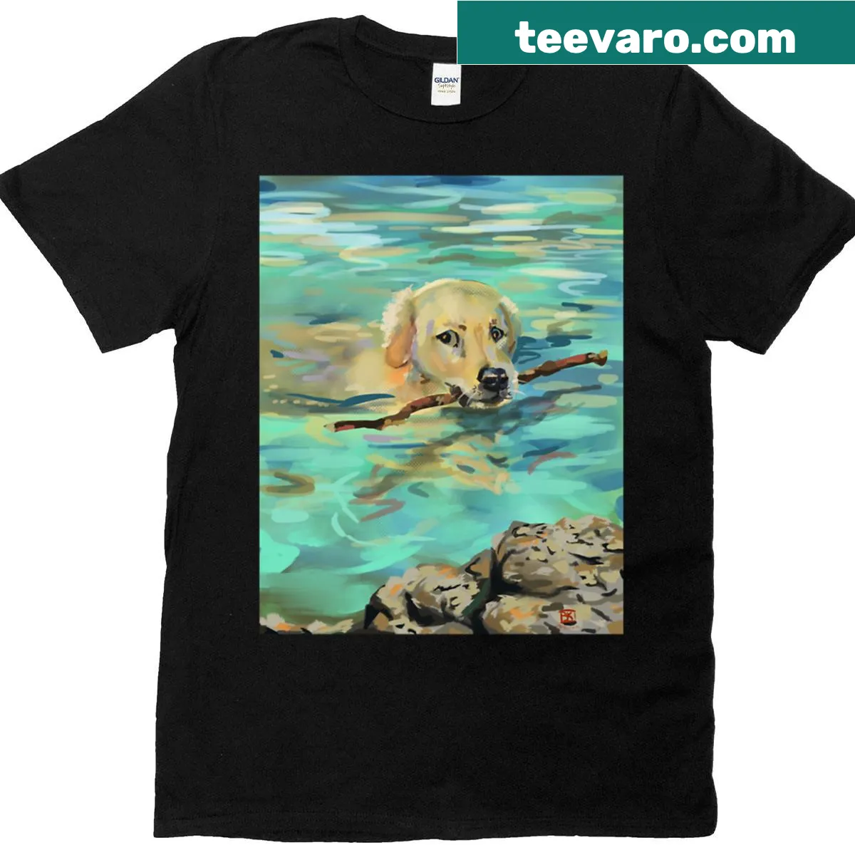 Graphic of a swimming Golden Retriever on a t-shirt — on a men's t-shirt
