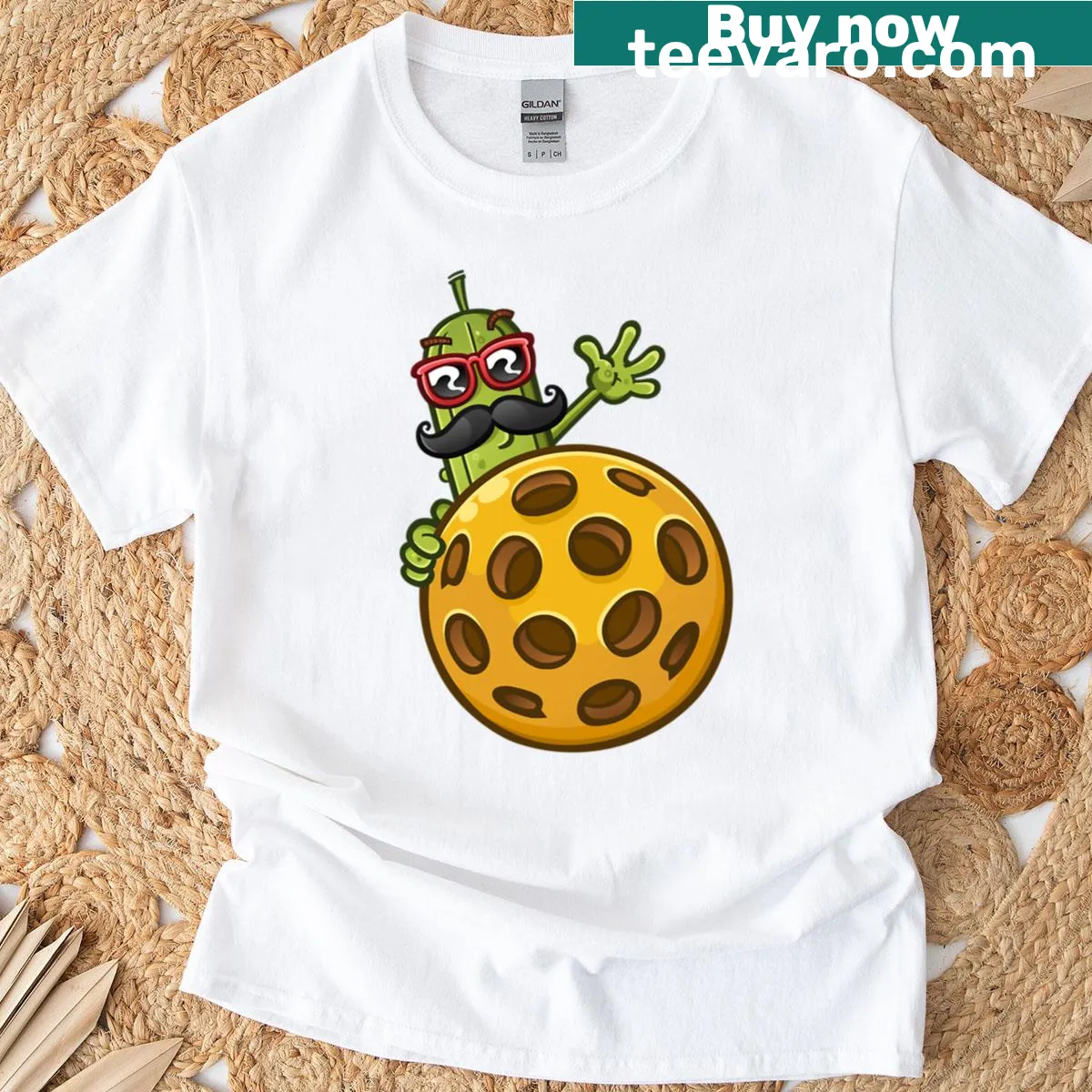 Cartoon pickle design T-shirt with fun lettering — on a men's t-shirt
