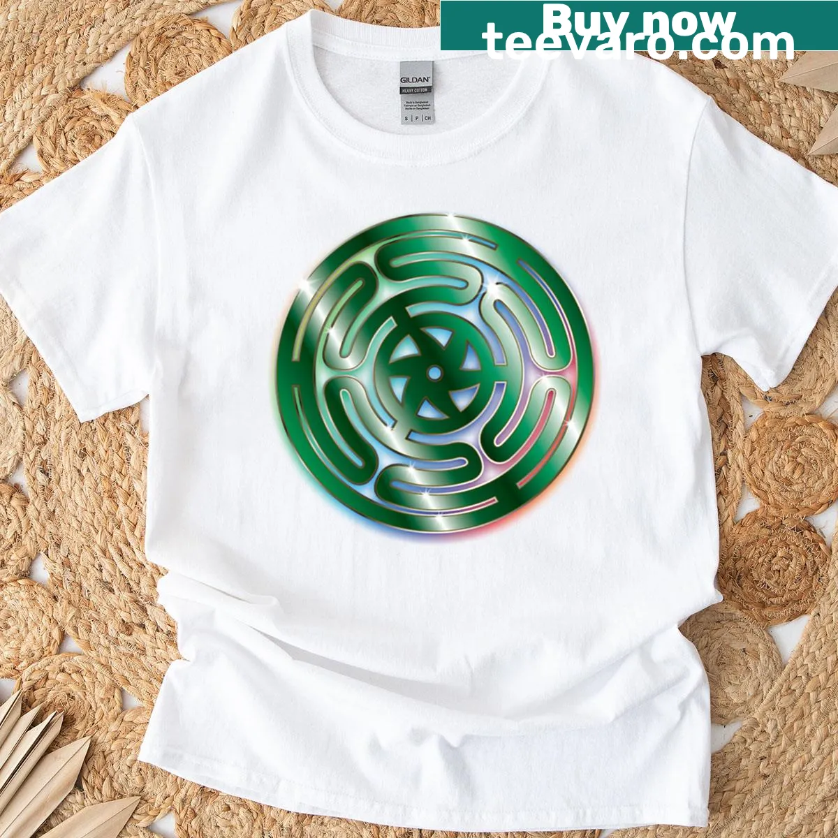 Illustrated emerald amulet design on a T-shirt. — on a men's t-shirt