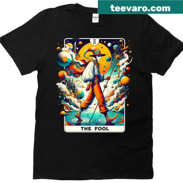 Whimsical illustration of The Fool tarot card on a T-shirt.