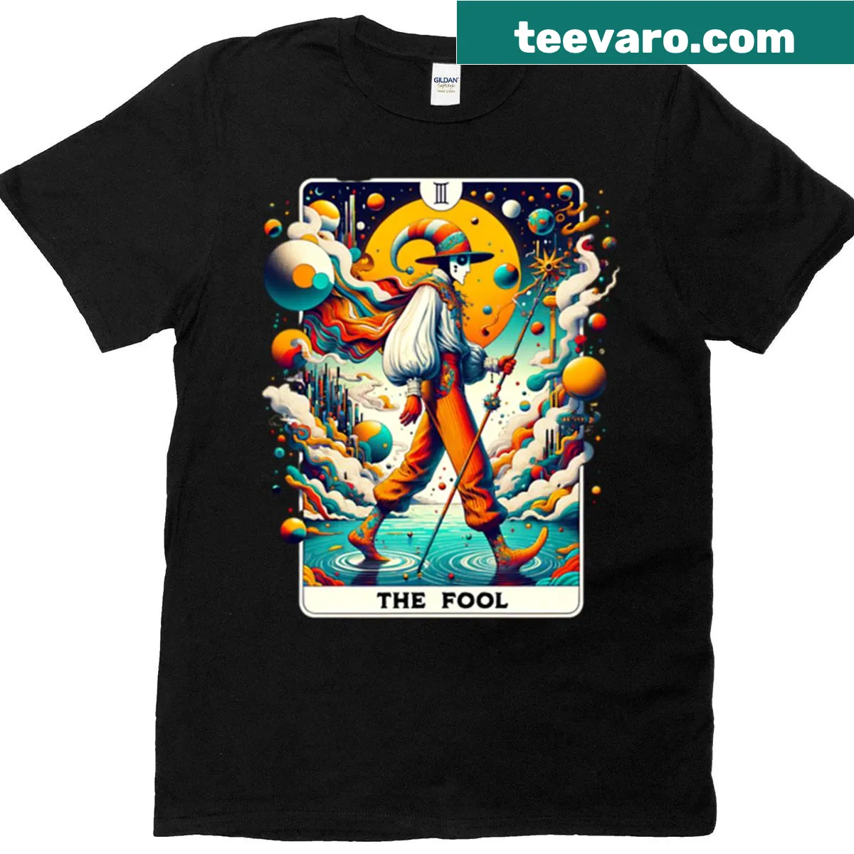 Whimsical illustration of The Fool tarot card on a T-shirt. — on a men's t-shirt