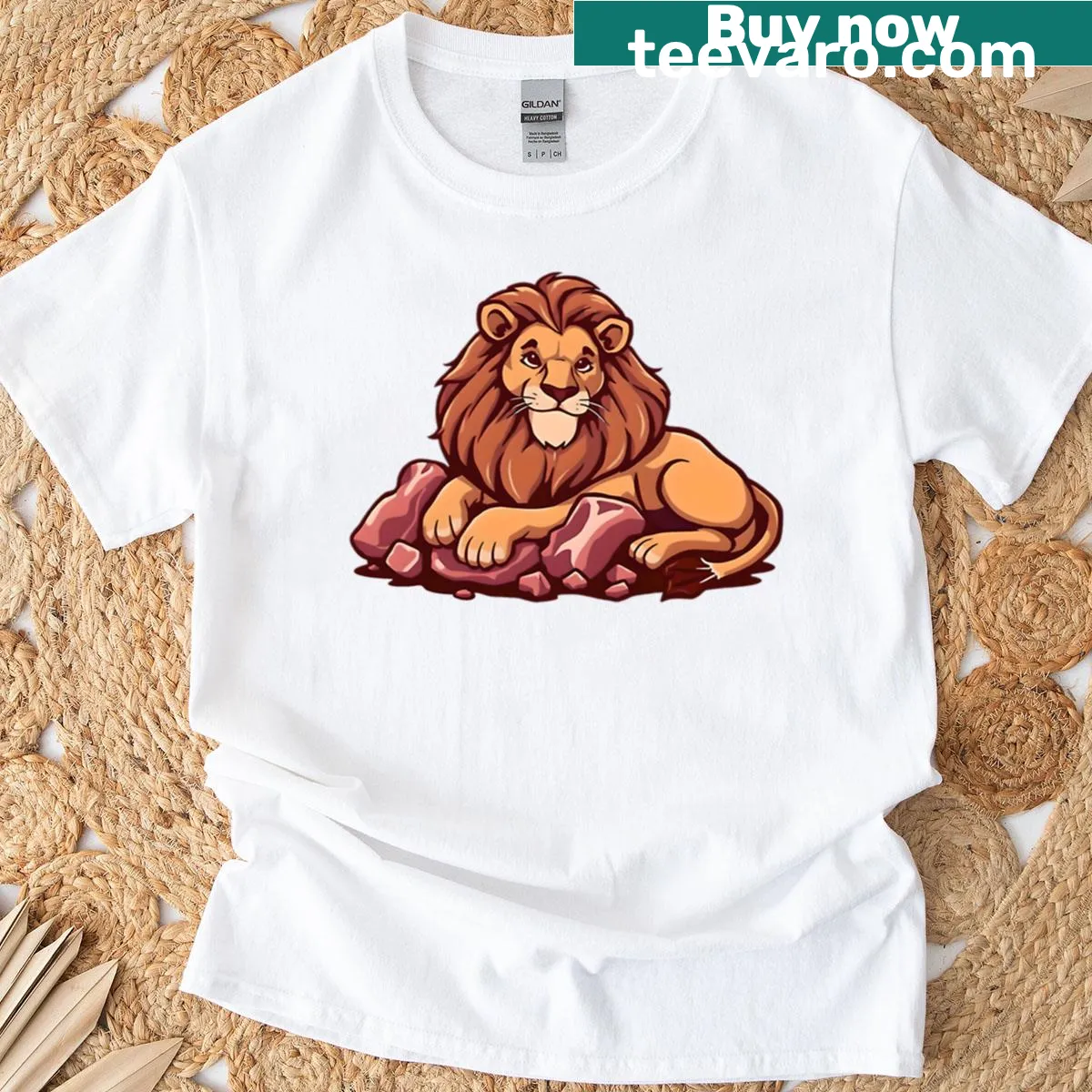 Cartoon lion lying on a pile of meat on a T-shirt. — on a men's t-shirt
