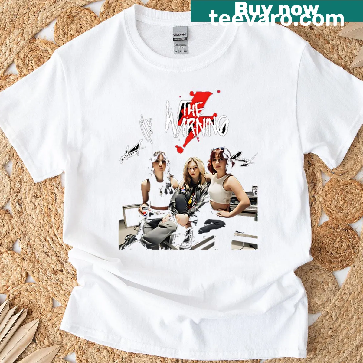 Typographic logo design of The Warning rock band on a T-shirt. — on a men's t-shirt