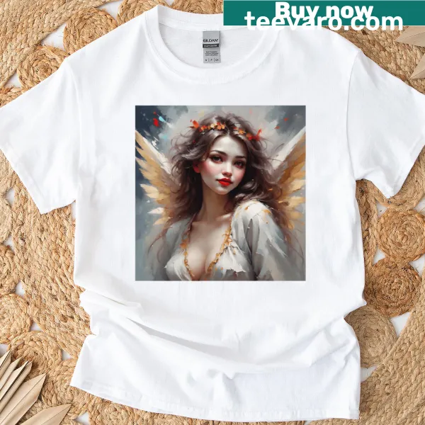 T-shirt featuring a whimsical angel illustration in a serene pose