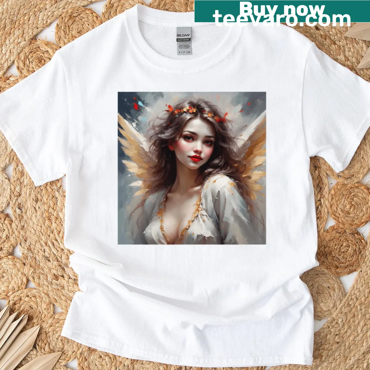 T-shirt featuring a whimsical angel illustration in a serene pose — on a men's t-shirt