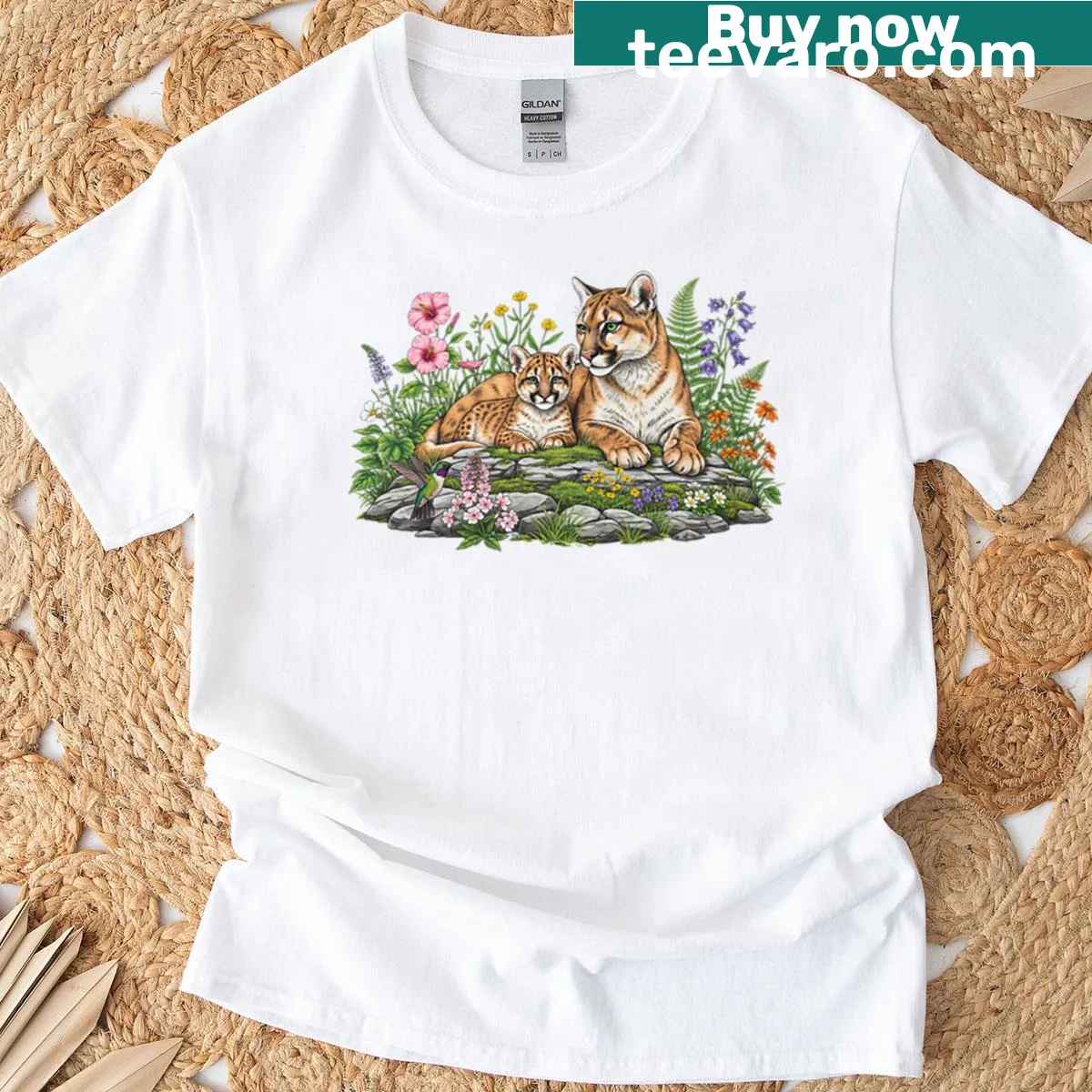 Illustration of a tiger and baby tiger in a garden on a T-shirt. — on a men's t-shirt