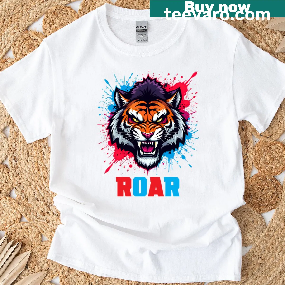 Bold illustration of a roaring tiger on a T-shirt — on a men's t-shirt