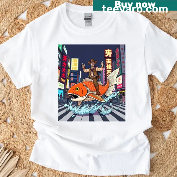 Playful rodeo scene graphic combining Japanese elements