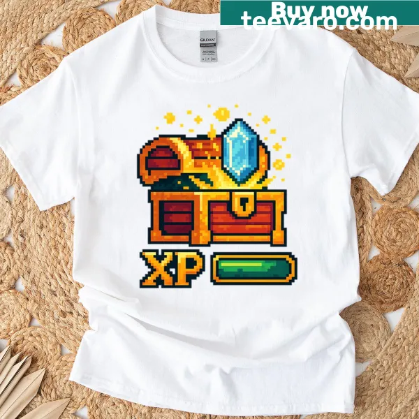 Retro pixel art treasure chest graphic on T-shirt