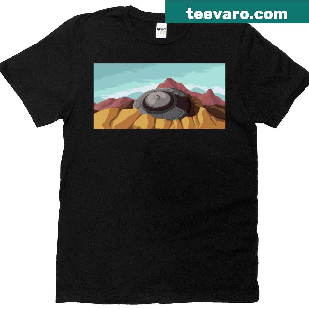 Pixel art UFO crash graphic on T-shirt — on a men's t-shirt