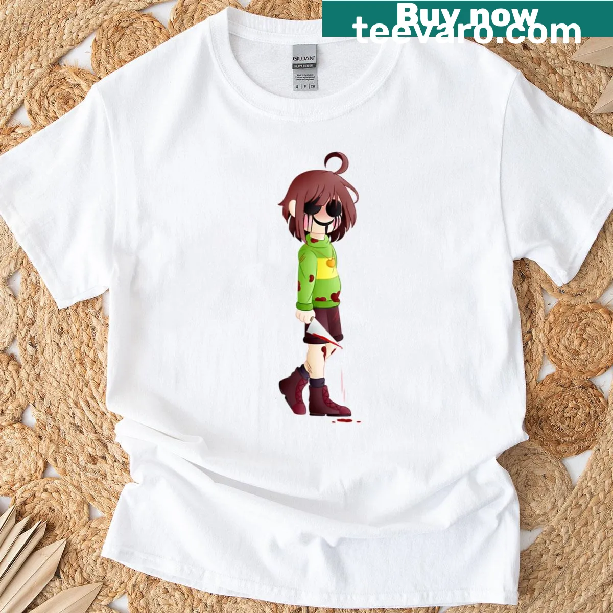 Chara illustration from Undertale on an oversized T-shirt — on a men's t-shirt