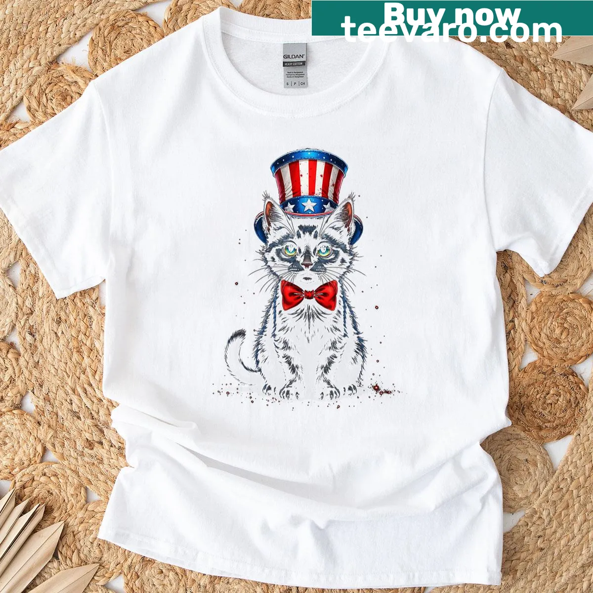 Cartoon black cat in patriotic accessory for July 4th — on a men's t-shirt