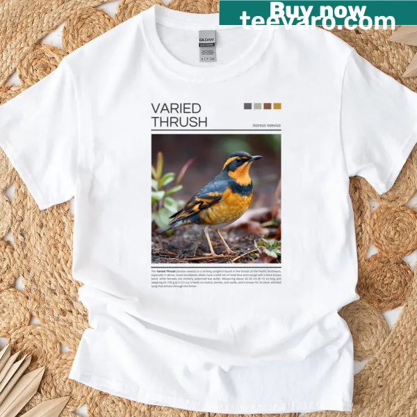 Illustrated T-shirt featuring a Varied Thrush bird