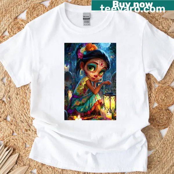 Day of the Dead T-shirt featuring colorful lanterns and skull designs