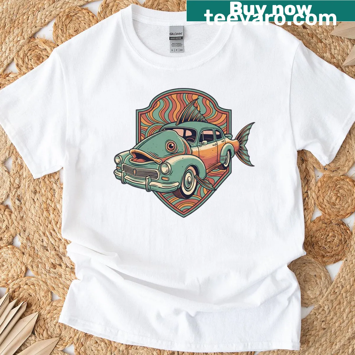 Retro aquatic t-shirt featuring playful wave designs and marine motifs — on a men's t-shirt