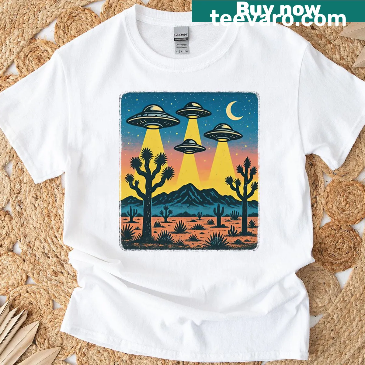 Vintage alien invasion t-shirt featuring a desert scene and retro design — on a men's t-shirt