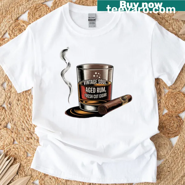 Illustration of aged rum and cigar on a sophisticated T-shirt.