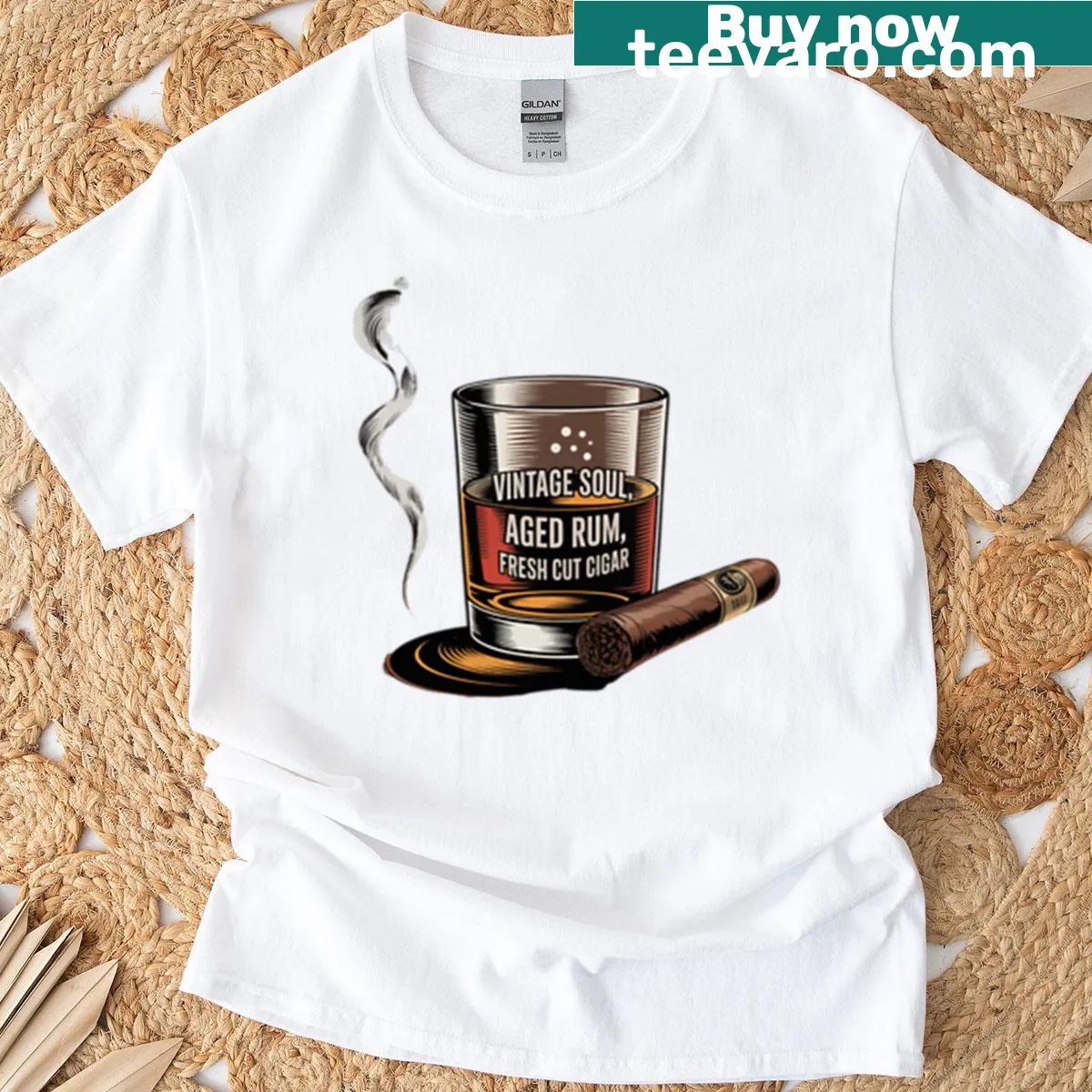 Illustration of aged rum and cigar on a sophisticated T-shirt. — on a men's t-shirt