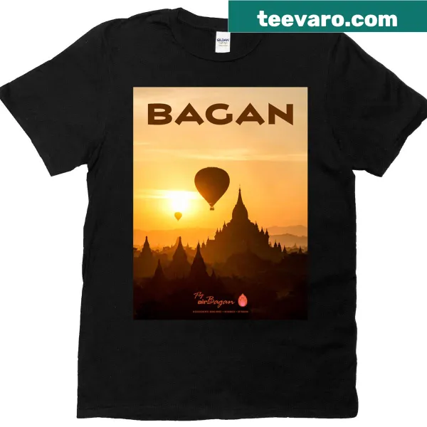 Vintage-style T-shirt featuring Bagan travel poster art