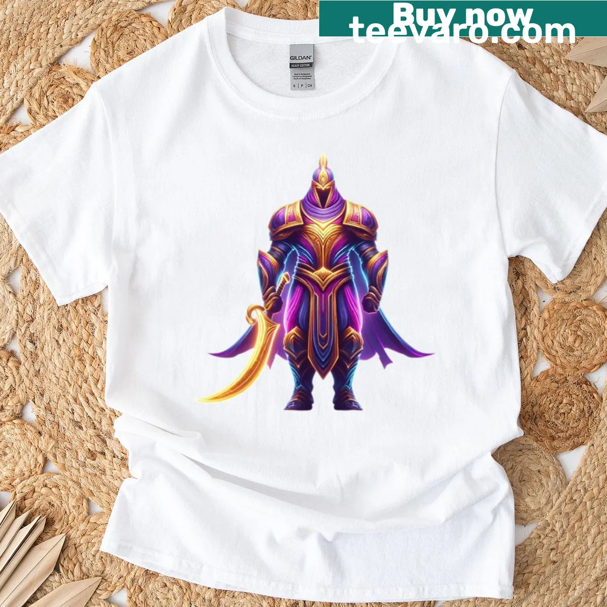 Fantasy knight graphic with a golden blade on a warrior-themed T-shirt. — on a men's t-shirt