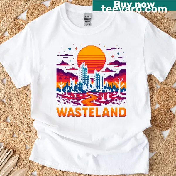 Retro pixel art t-shirt depicting a post-apocalyptic cityscape