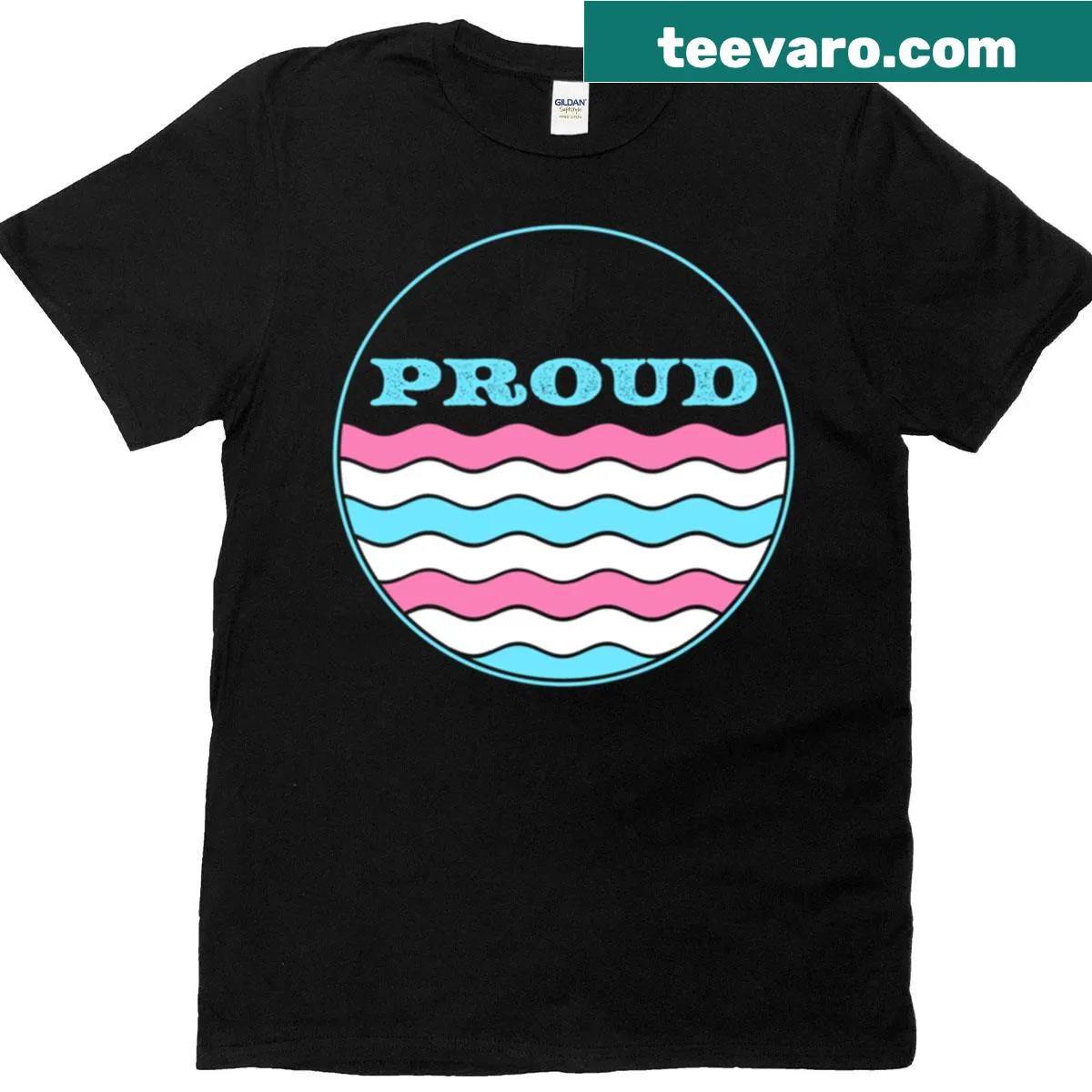 Transgender pride T-shirt with wavy stripes and proud circle — on a men's t-shirt